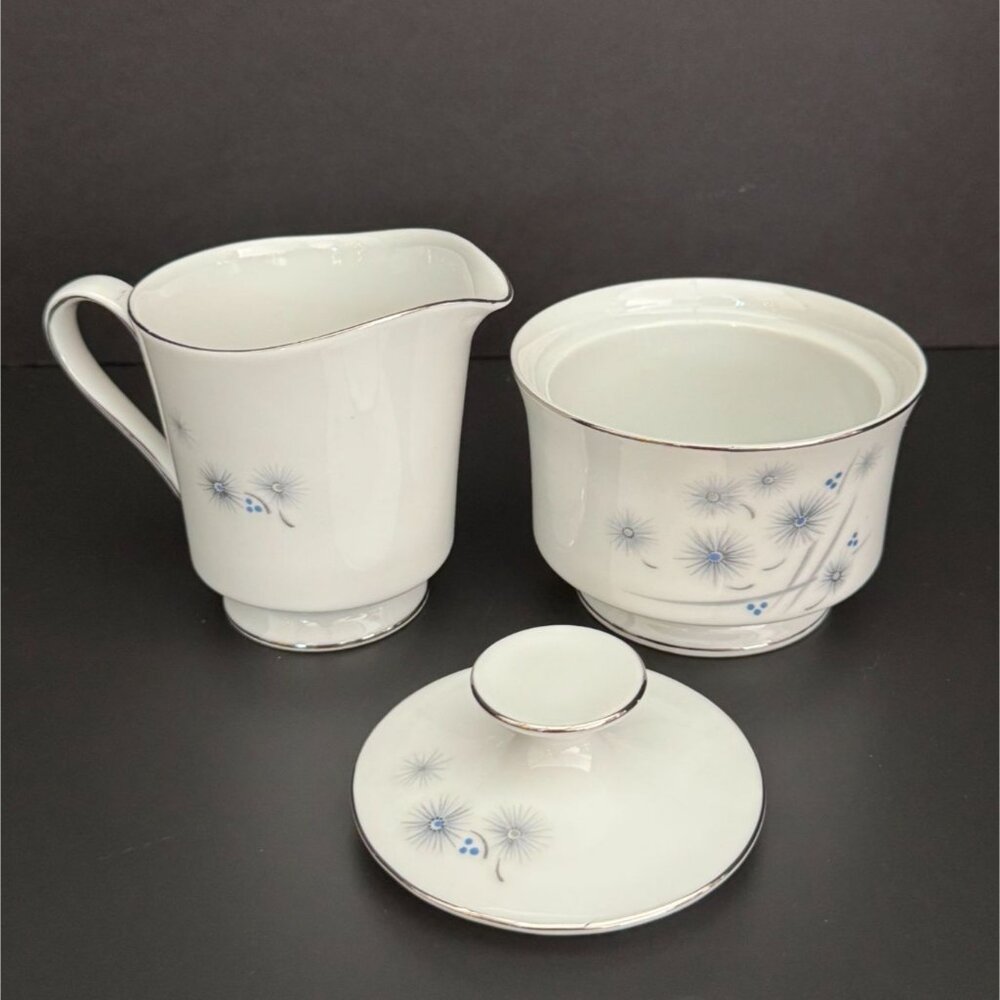Vintage Harmony House Blue Starflower Creamer & Sugar Holder Set - Dainty Dinner